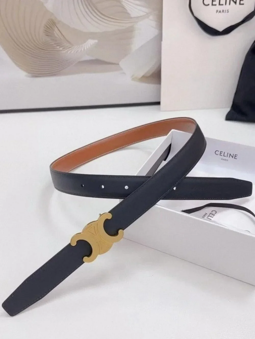 Celine Triomphe Buckle Reversible Leather Belt